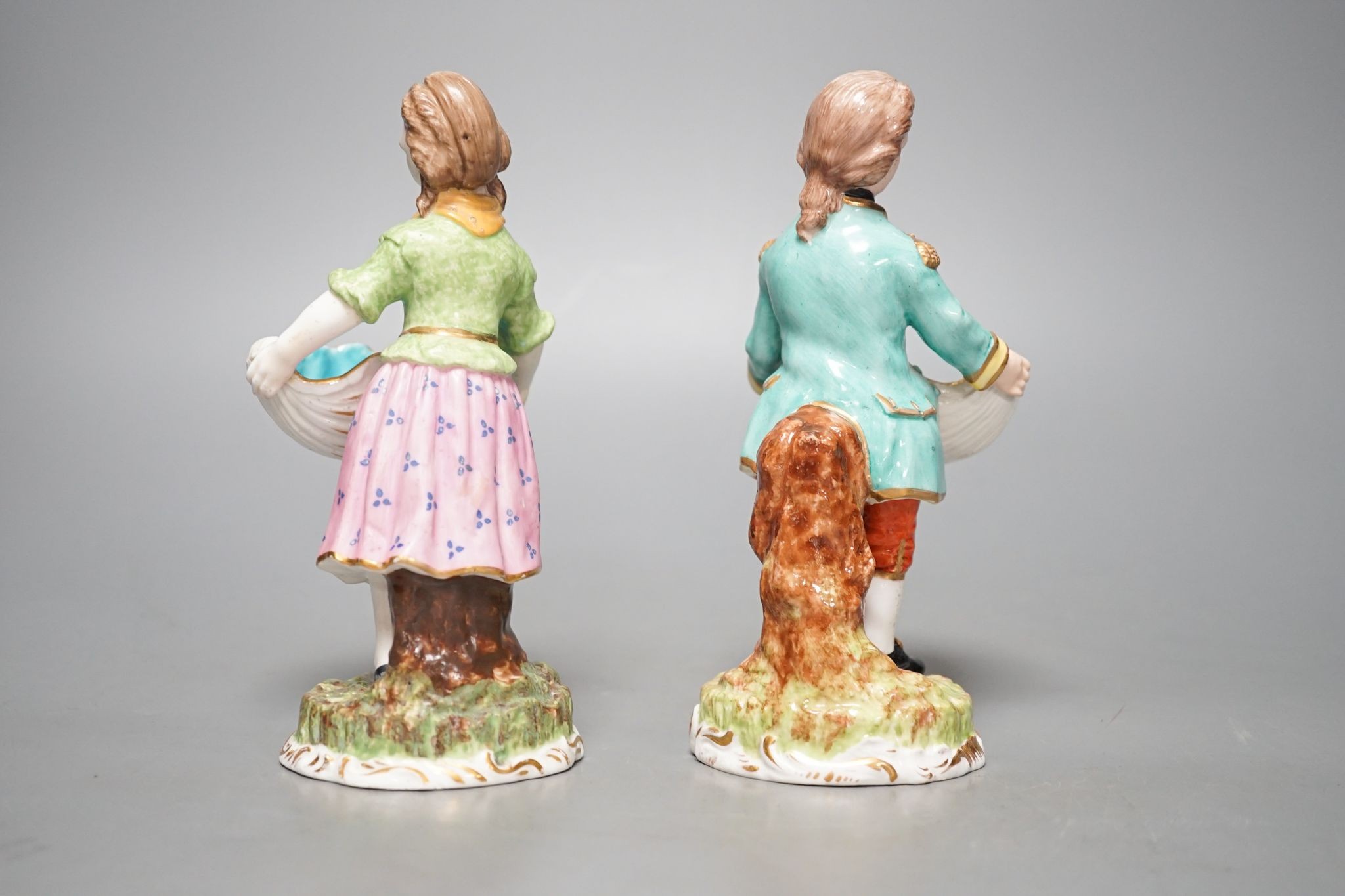 A pair of Sampson Hancock Derby figural salts 17cm